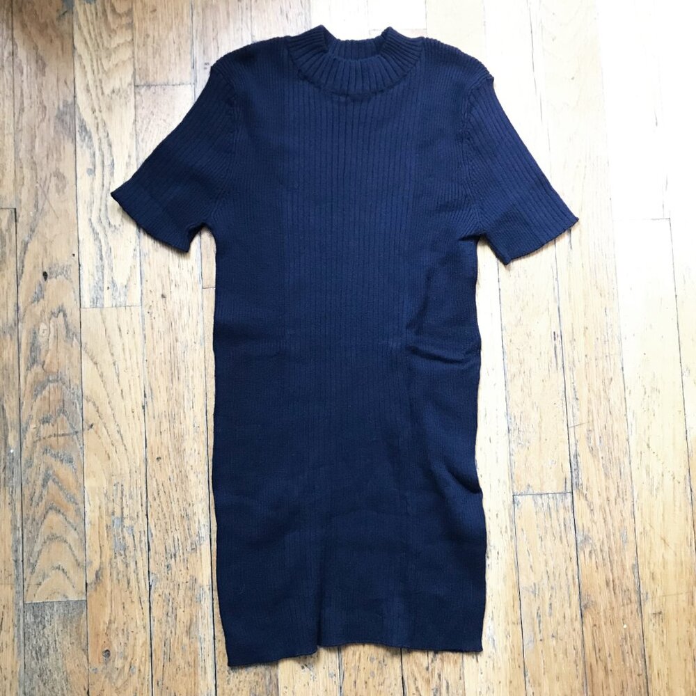 NWOT The Entireworld Ribbed Knit Short Sleeve Mock Neck Sweater Navy XS